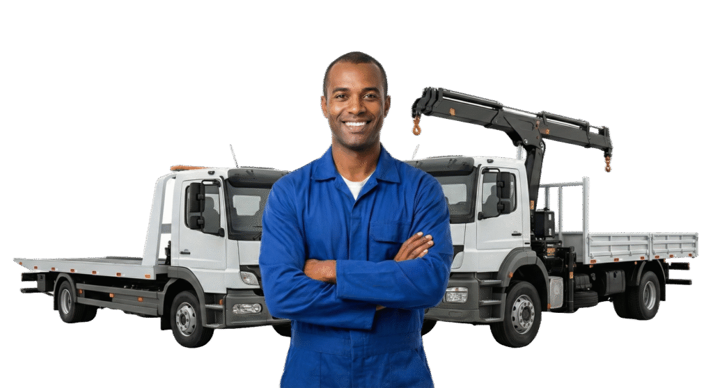 Profissional de serviços de guincho em Anápolis, ao lado de caminhões prontos para suporte eficiente.